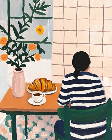 条纹毛衣人坐茶杯花瓶