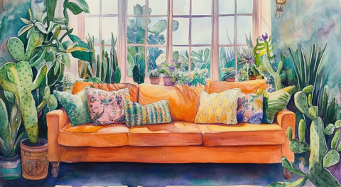 橙色沙发窗前景植物