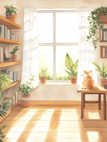 明亮房间木质书架猫咪