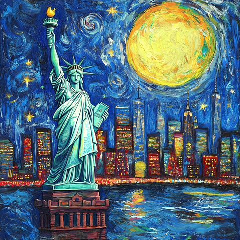 自由女神夜空星月映衬