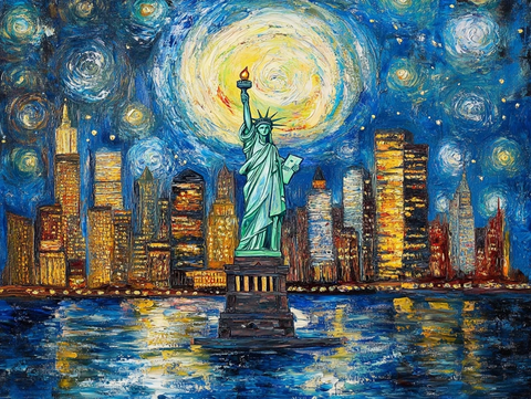 自由女神星空城市剪影