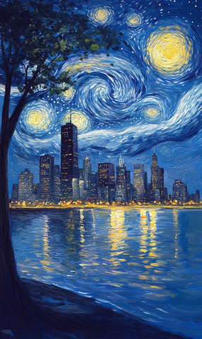 夜空城市湖面星光树影