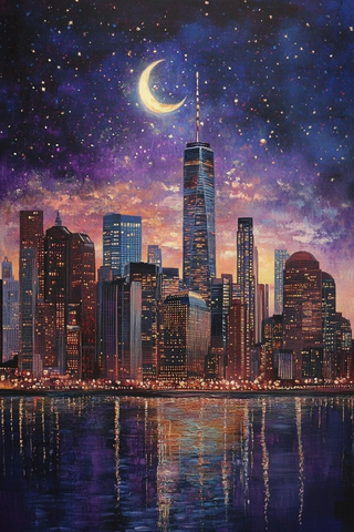 夜空星月倒映城市灯光
