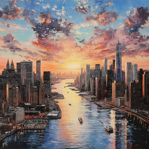 河面倒影夕阳映照城市