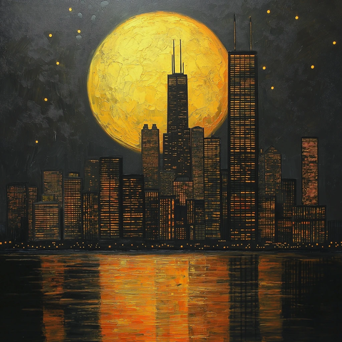 城市夜景与满月