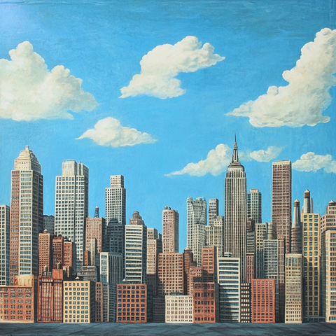 手绘蓝色天空城市剪影