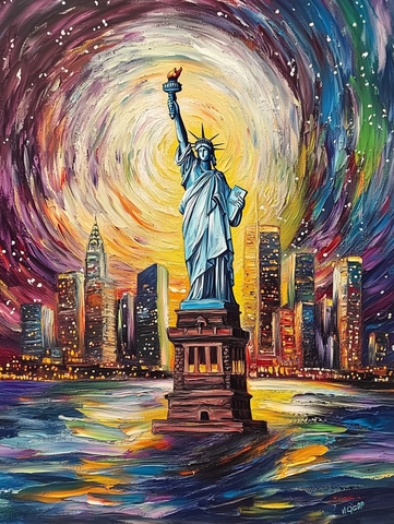 自由女神像夜景绘画