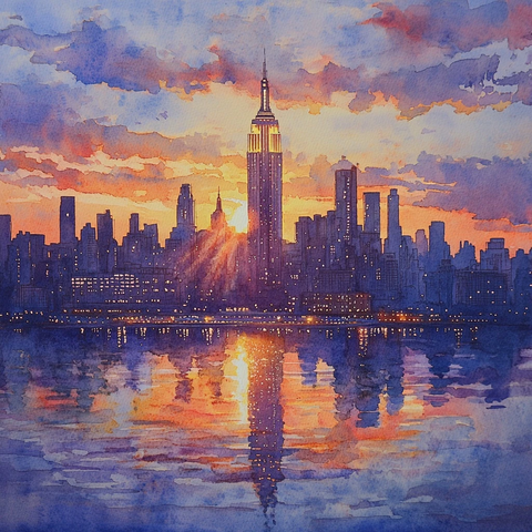 日落时分城市天际线倒影