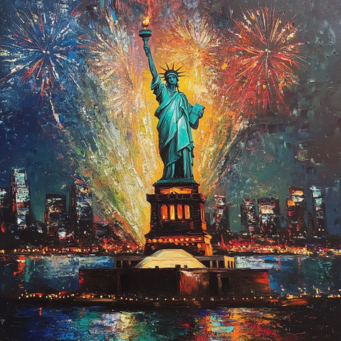 自由女神烟花夜晚
