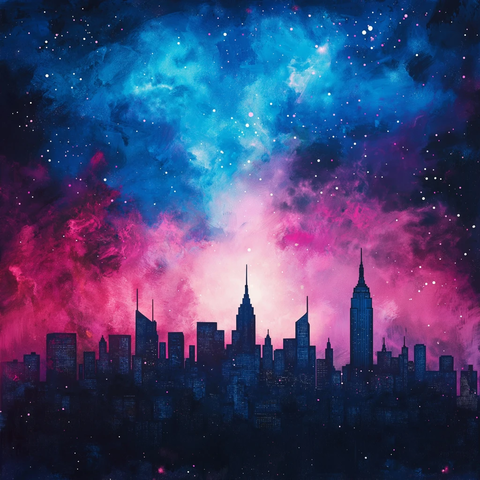 星空风暴与城市剪影