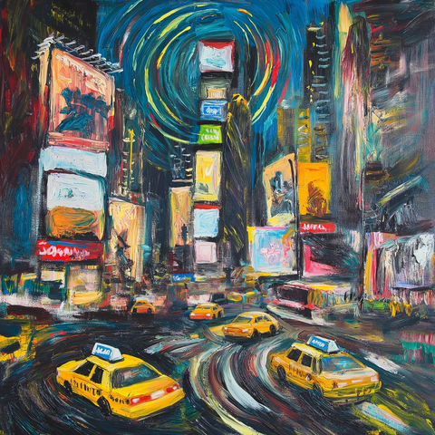 霓虹灯广告出租车繁忙街道