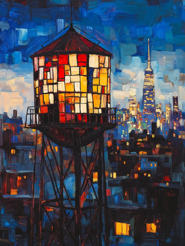 夜晚水塔与玻璃画景