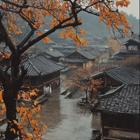 秋雨中的村落