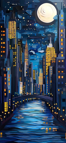 夜空城市河流桥梁倒影