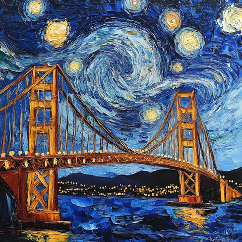 星夜桥影油画风格