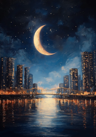 半月高悬桥楼倒影