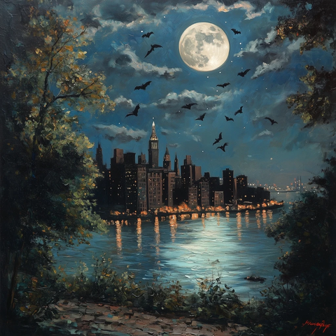 夜空飞蝠满月映景