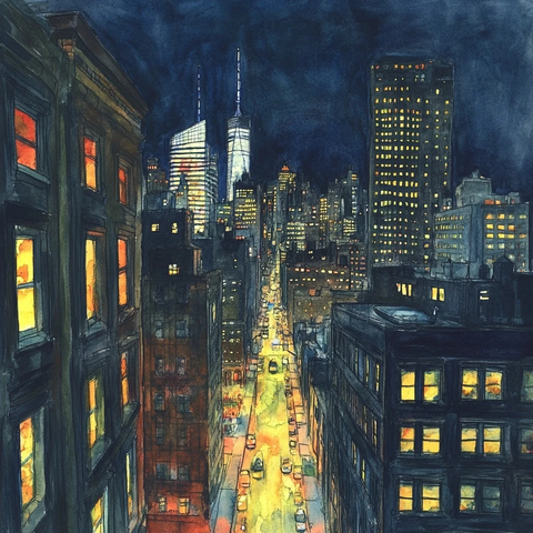 水彩笔触城市夜景