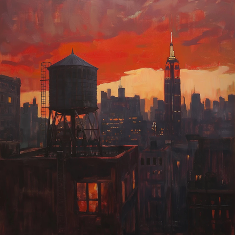 水塔与纽约落日映像