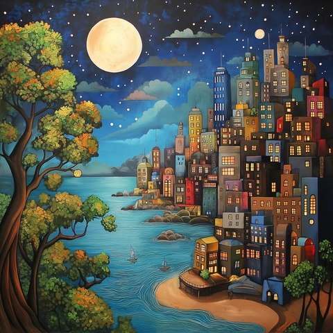 城市夜景与海洋月色