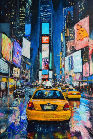 黄色出租车驶过霓虹灯海