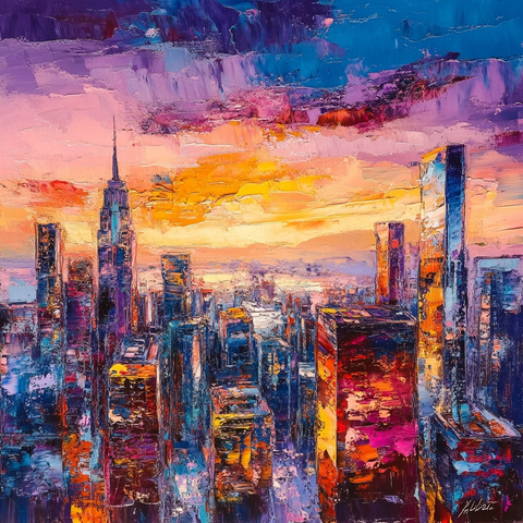 日落时分城市景观绘画