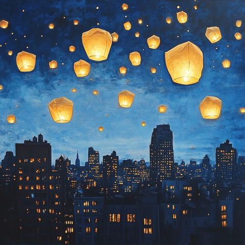 夜空纸灯笼城市倒影