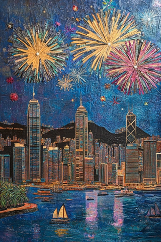 生日卡夜景烟花香港天际线