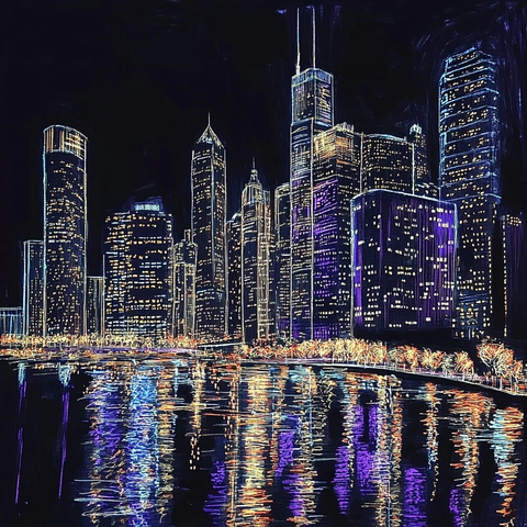 夜空城市天际线手绘图