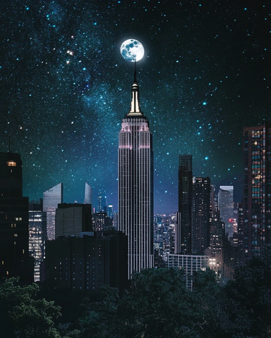 夜晚星光下的摩天大楼群