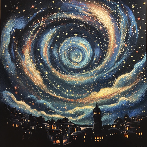 夜空星辰旋转点彩画