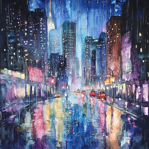 雨夜城市建筑融化水彩画