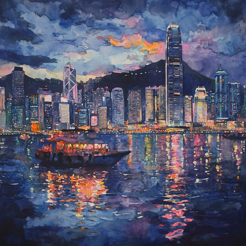 夏日夜晚港口水彩画