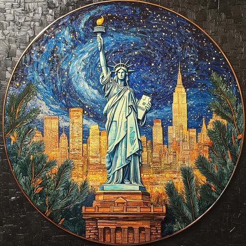 自由女神像与纽约夜景环绕松枝