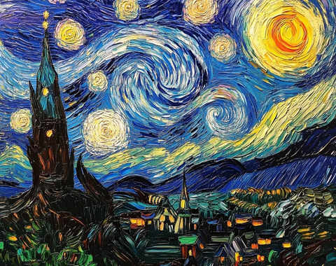 星夜油彩画卷村庄塔楼