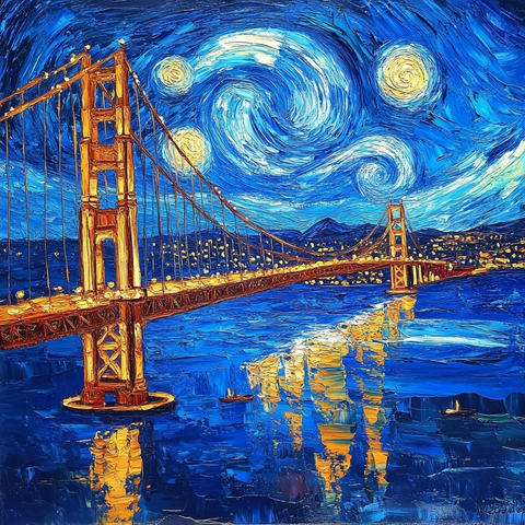 星夜桥影水波荡漾