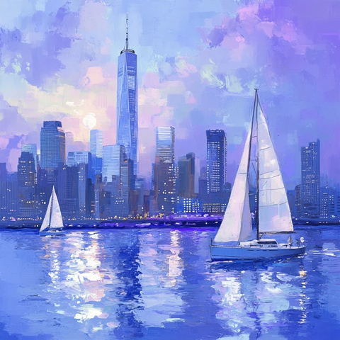 帆船映影高楼海面