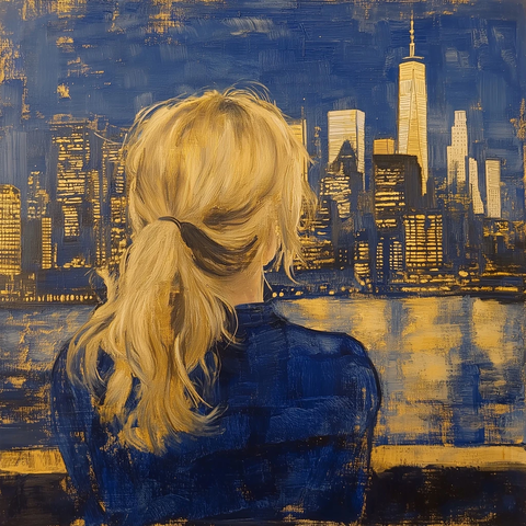 金蓝色调女子眺望城市