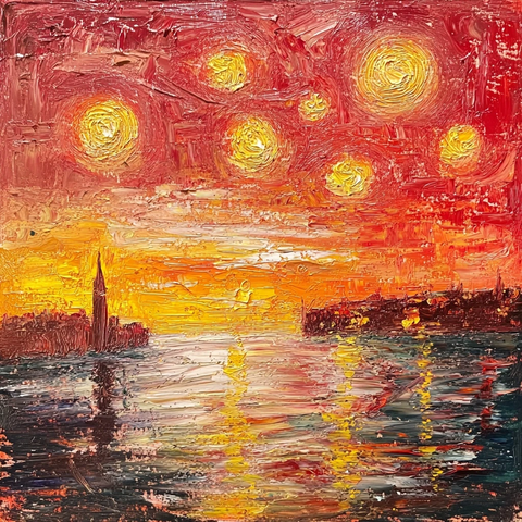 星空夜色红橙黄调油画