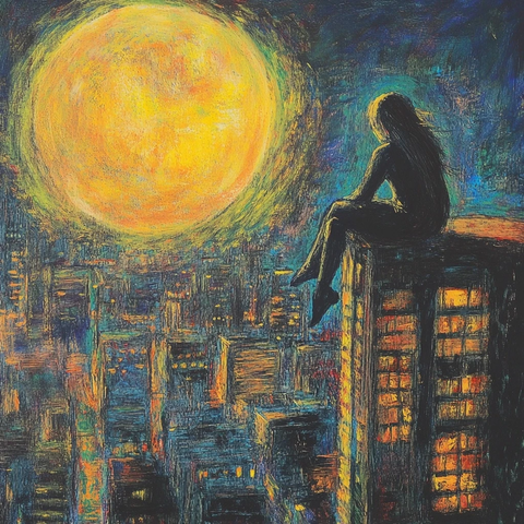 女人屋顶望月俯瞰城市