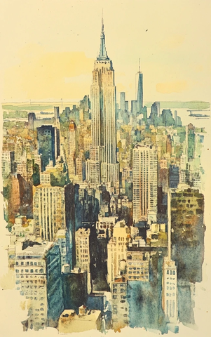 中世纪水彩城市天际线