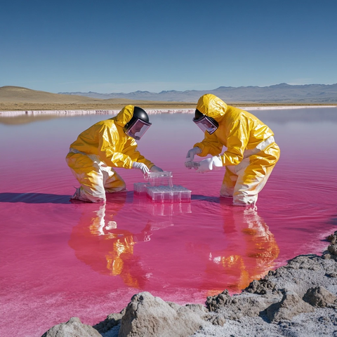 科学家采集粉色湖水样本