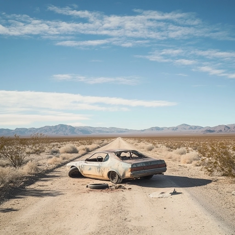 沙漠道路中间的故障汽车