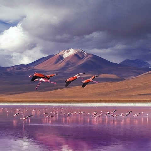 火烈鸟飞越湖泊