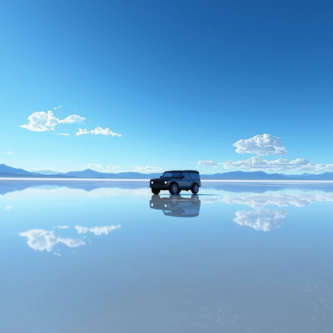 盐湖镜面反射远景越野车