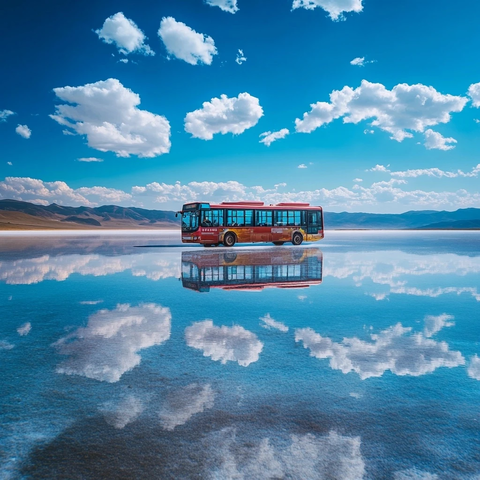 盐湖上的巴士与天空倒影