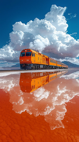 火车行驶湖面云朵倒影