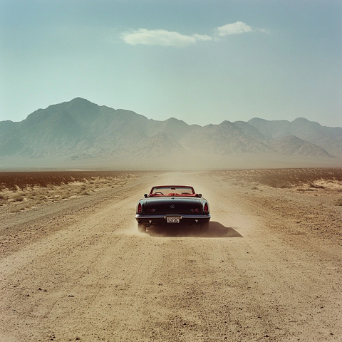 黑色敞篷车驶过沙漠公路