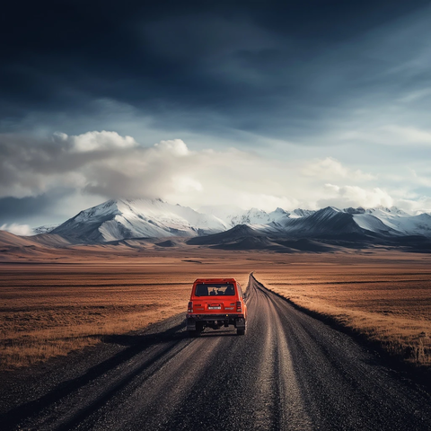 沙漠山路上的红色越野车