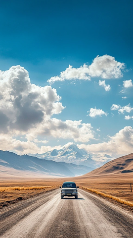 行驶的与远山蓝天